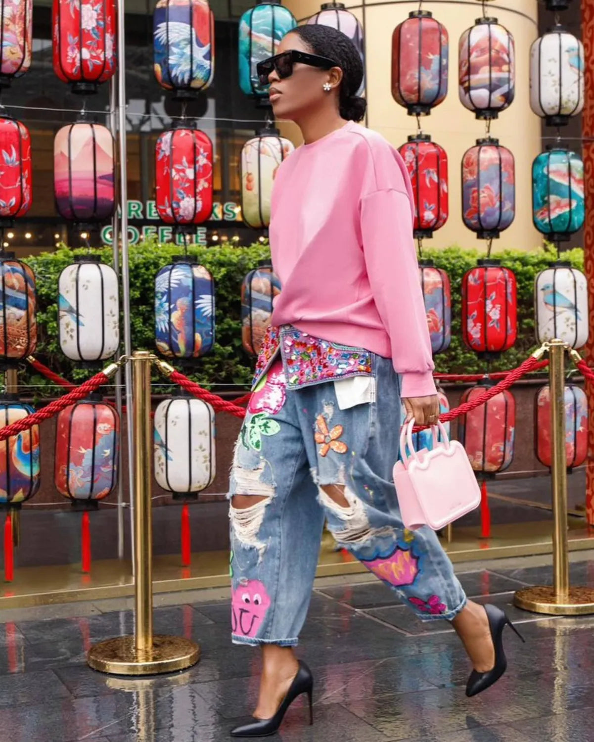 Fashion Hot Drilling Printed Ripped Jeans