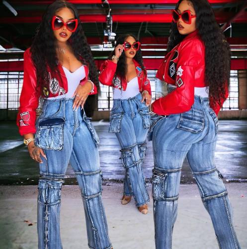 Casual Multi-pocket Washed Cargo Straight-leg Jeans