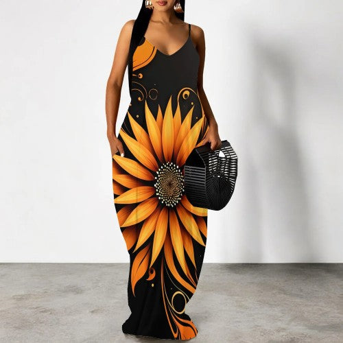 Casual Print Straps V Neck Maxi Dresses