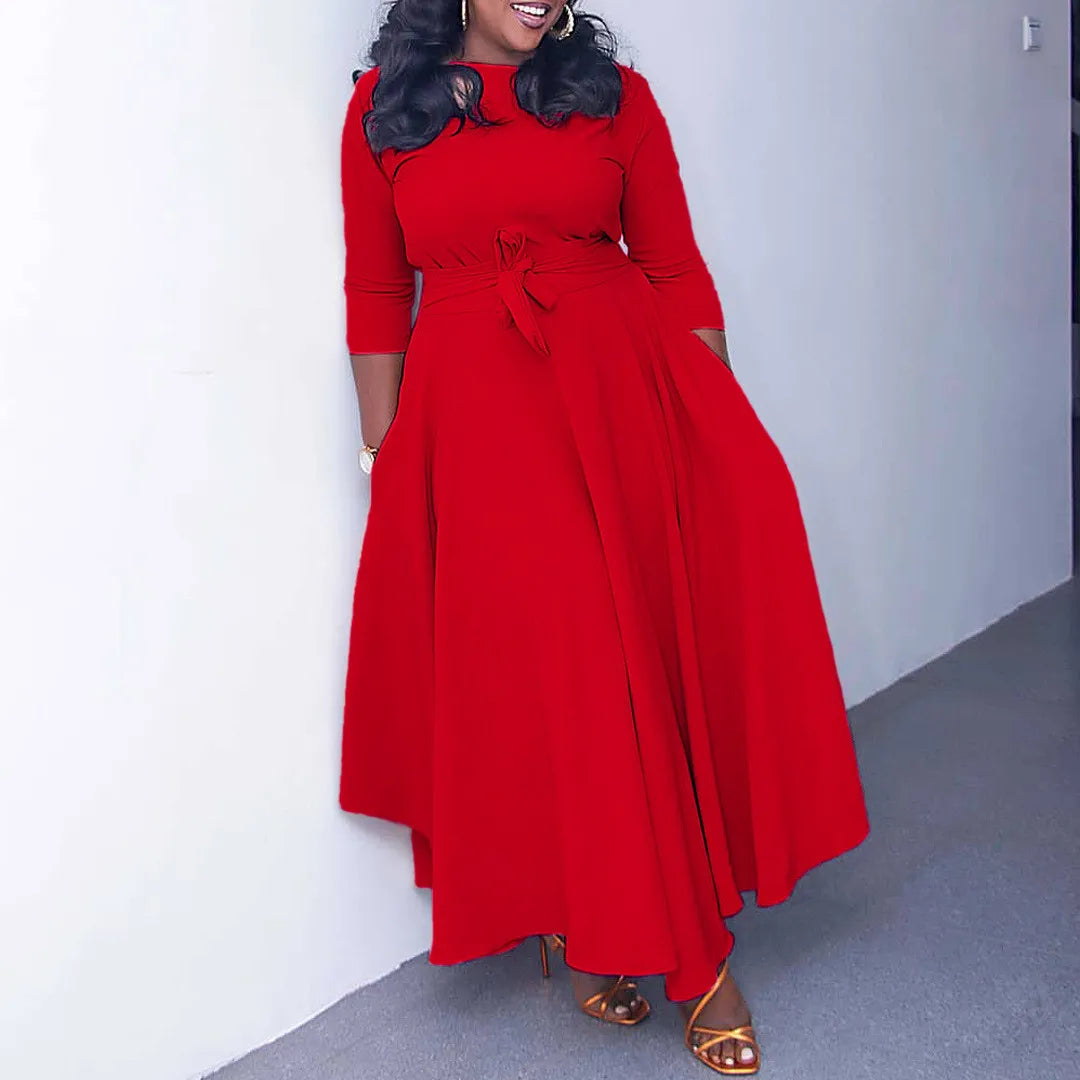 CASUAL AFRICAN ELEGANT LACE-UP LARGE SIZE LONG DRESS ROUND NECK DRESS