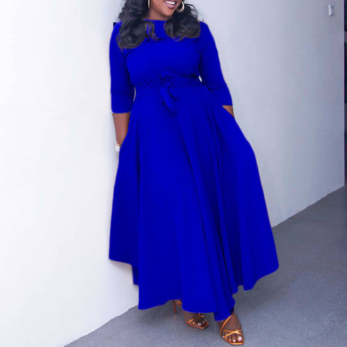 CASUAL AFRICAN ELEGANT LACE-UP LARGE SIZE LONG DRESS ROUND NECK DRESS