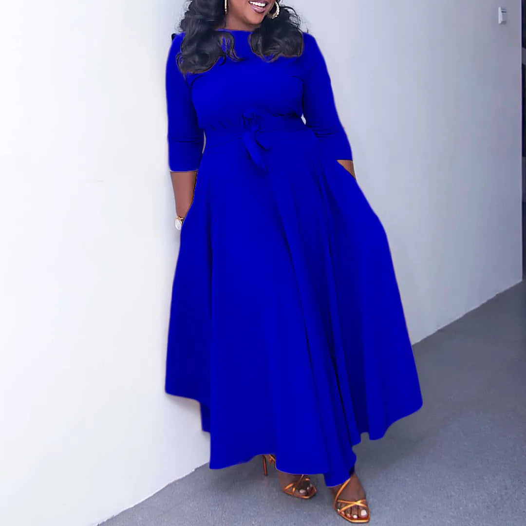 CASUAL AFRICAN ELEGANT LACE-UP LARGE SIZE LONG DRESS ROUND NECK DRESS