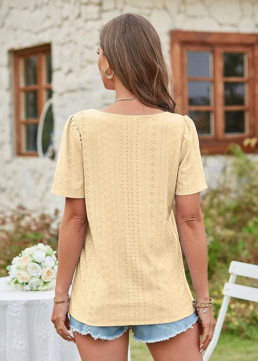 Square Collar T-shirt Hole Short Sleeve Casual Tops