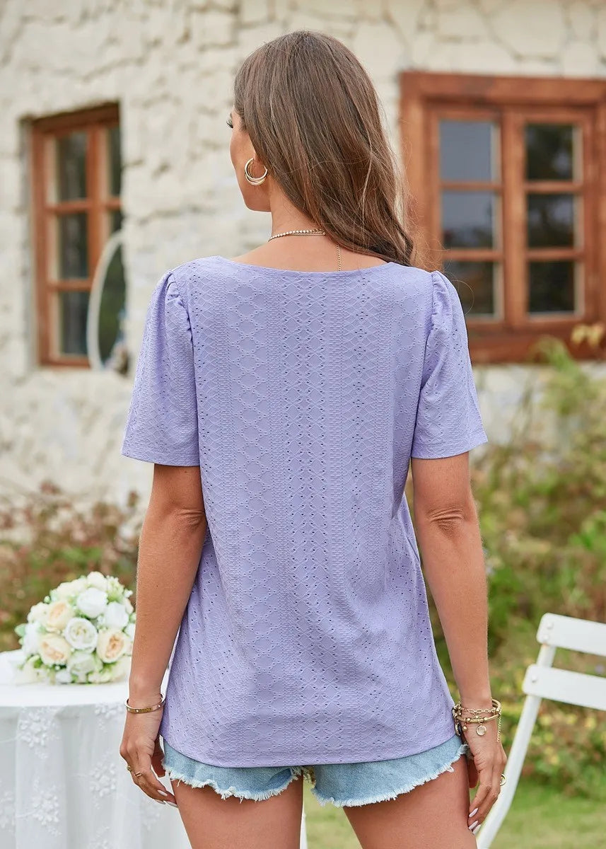Square Collar T-shirt Hole Short Sleeve Casual Tops