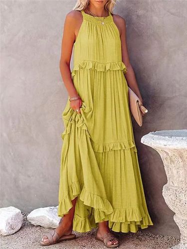 2023 Summer Ruffled Long Dress Amazon Elegant Big Swing Beach Dresses