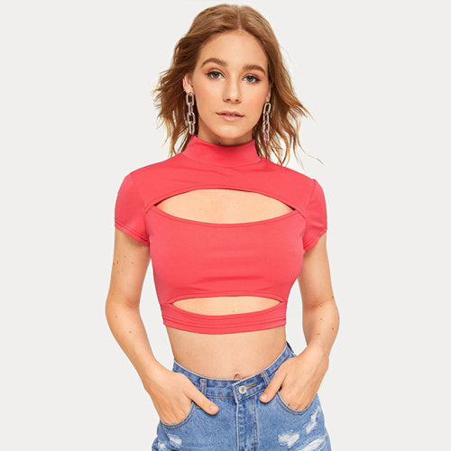 Solid Color Half-necked Cutout Top