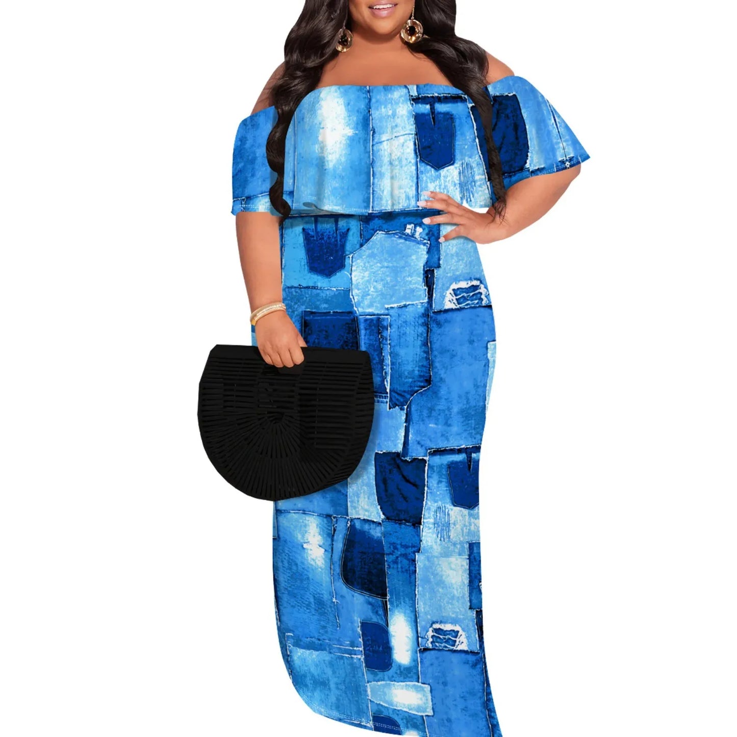 Casual Print Off Shoulder Plus Size Maxi Dress