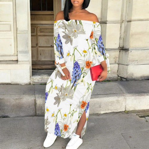 CASUAL PRINT OFF SHOULDER SLIT MAXI DRESSES