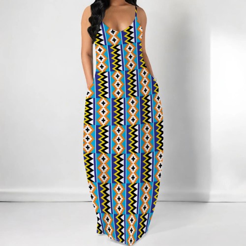 Casual Print Straps V Neck Maxi Dresses