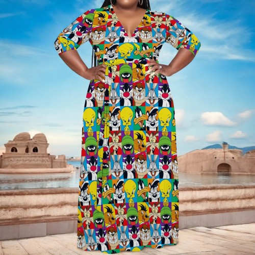 Casual Print V Neck Plus Size Maxi Dress