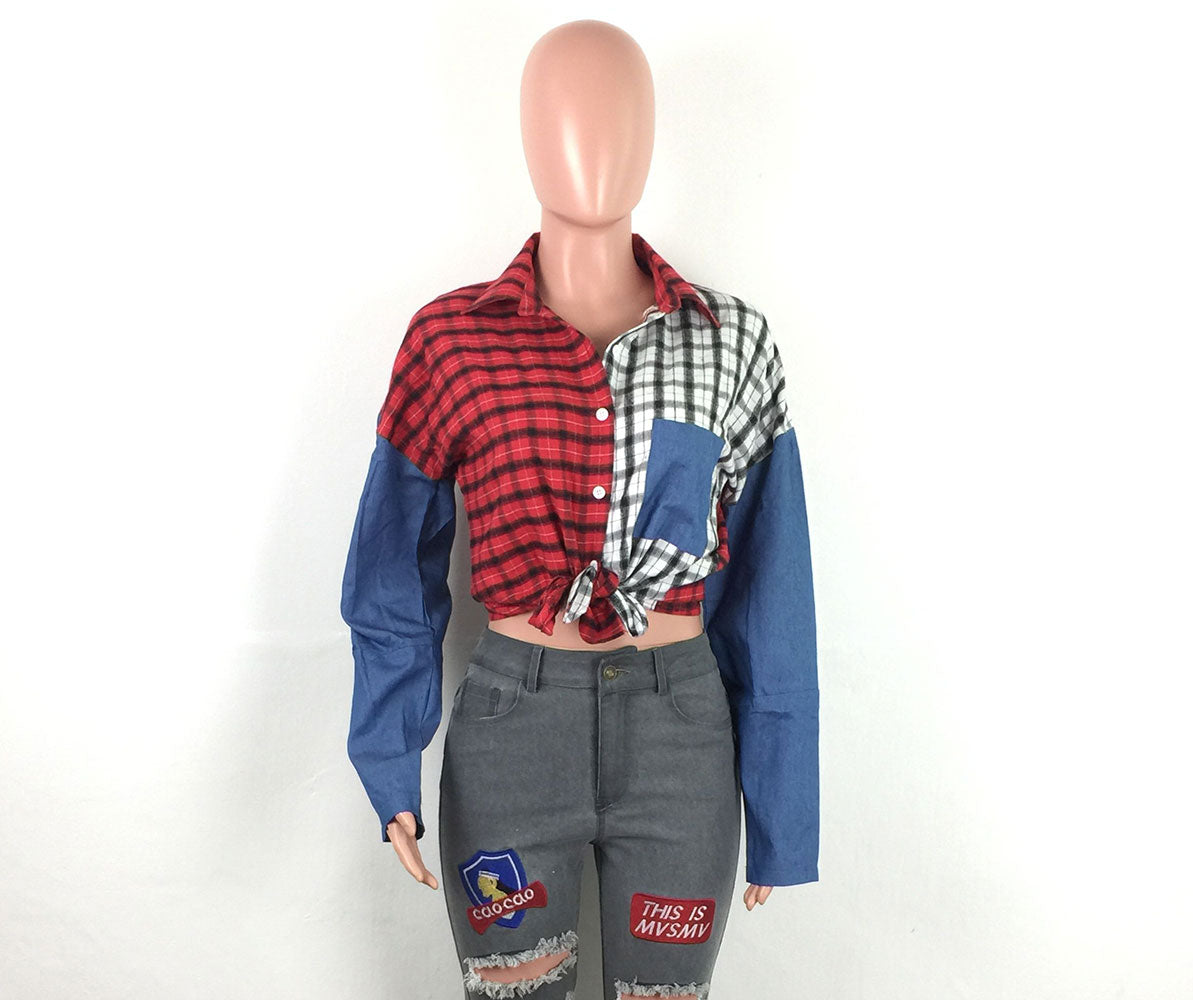 Colorblock Lapels Knotted Cardigan Shirt