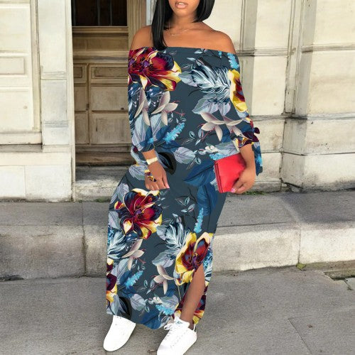 CASUAL PRINT OFF SHOULDER SLIT MAXI DRESSES