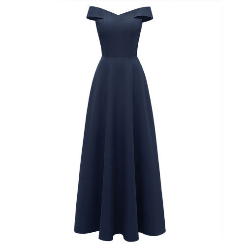 Satin V Neck Off Shoulder Maxi Bridesmaid Dress