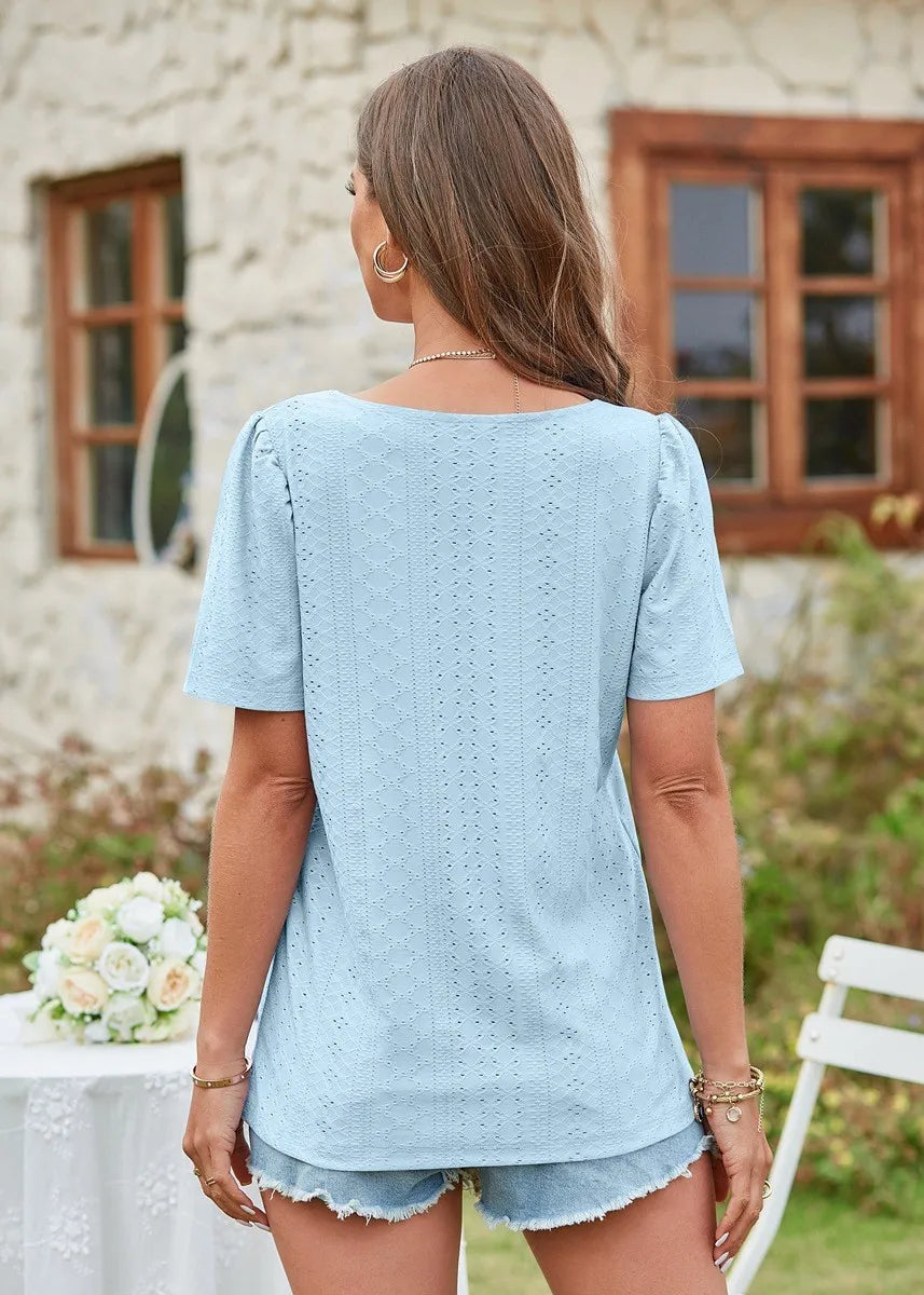 Square Collar T-shirt Hole Short Sleeve Casual Tops