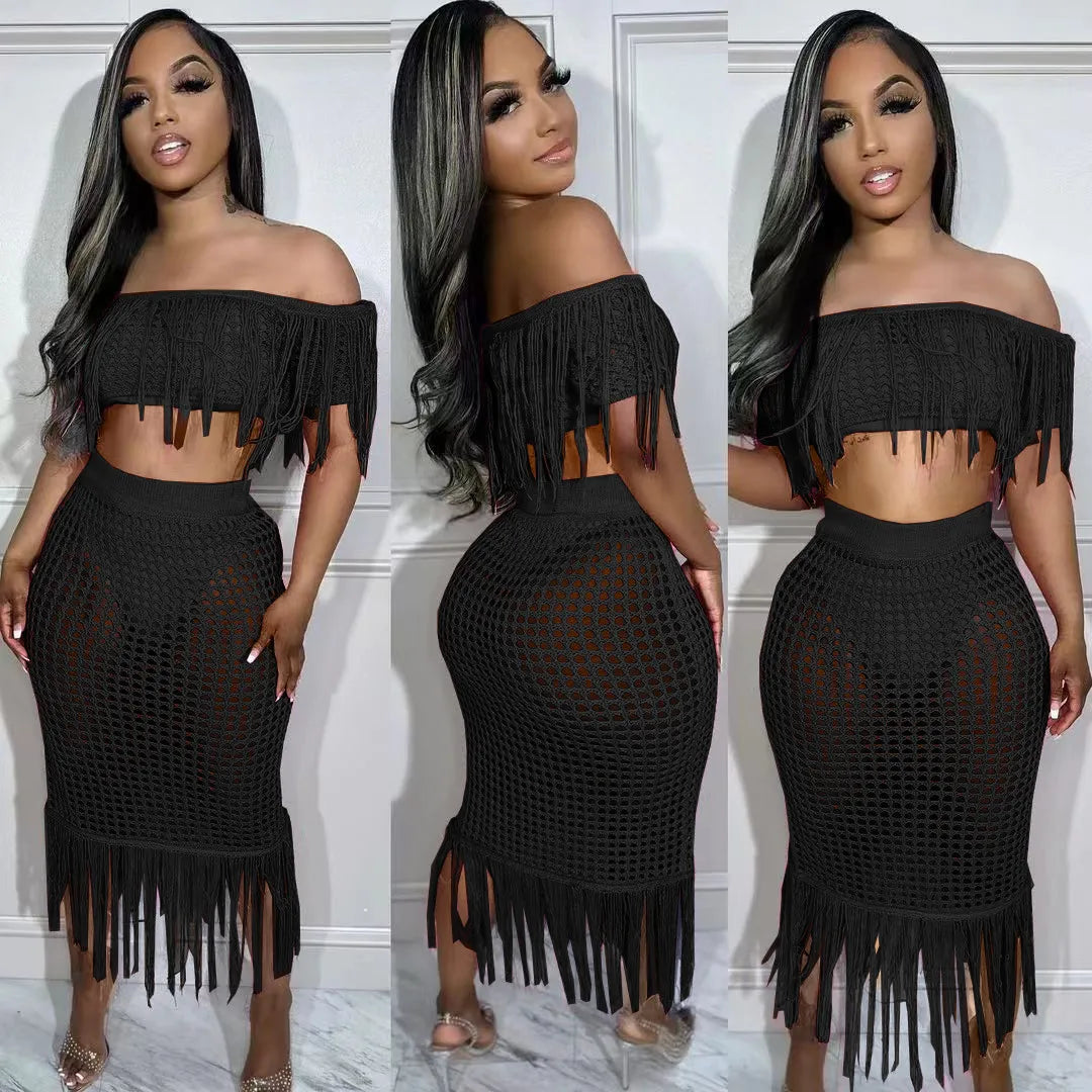 SEXY PERSPECTIVE KNITTED HOOK TASSEL OFF SHOULDER BEACH SUIT