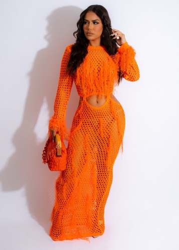 Summer Long Skirt Tassel Knit Casual Hollow Sequin Beach Dress