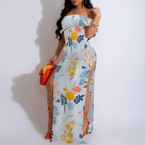 Casual Printed Off Shoulder Slit Long Dresses