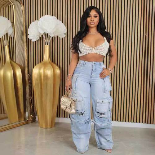 Casual Multi-pocket Hole Cargo Jeans