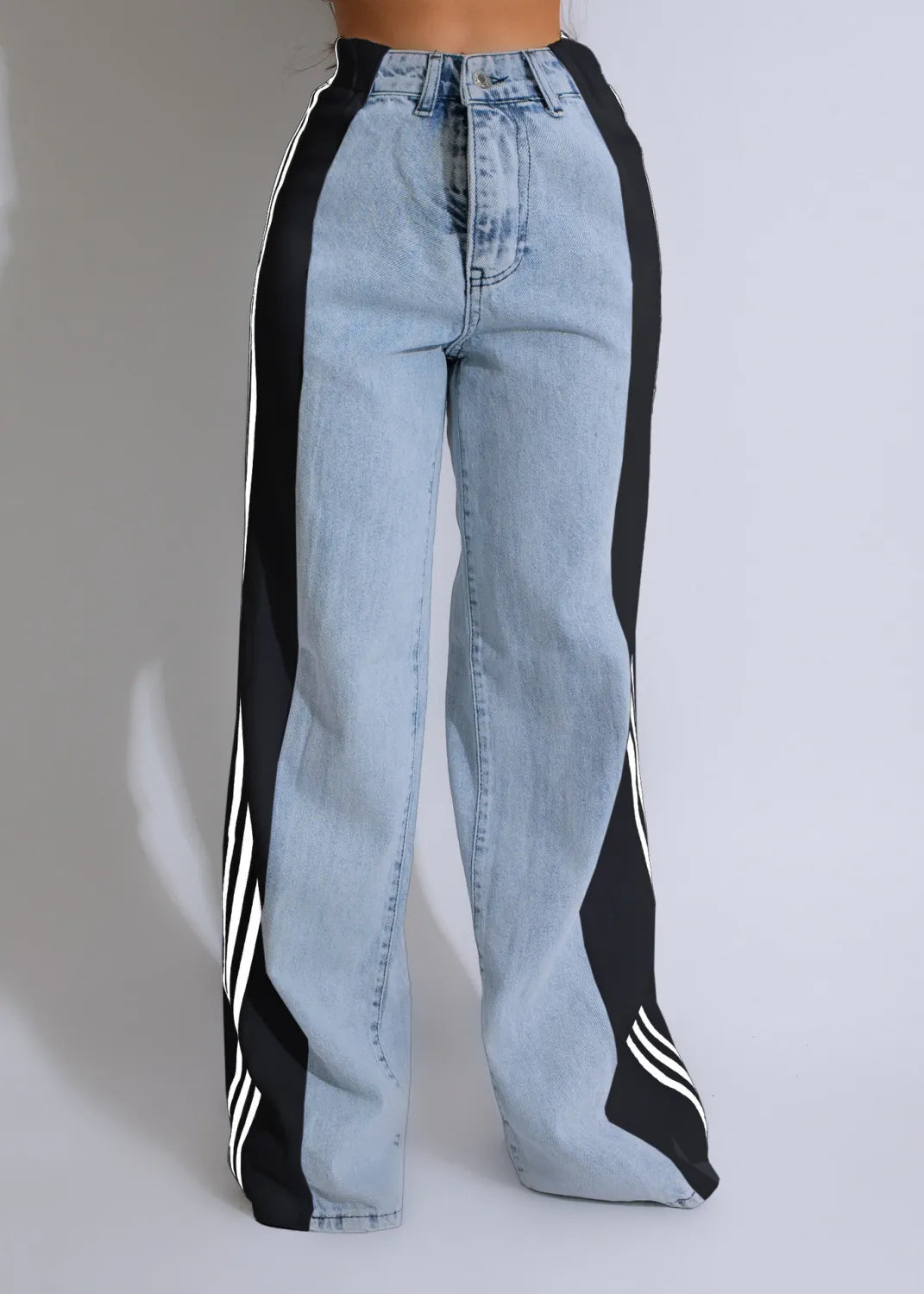 Stripe Splicing Jeans Denim High Waisted Button Straight Trousers