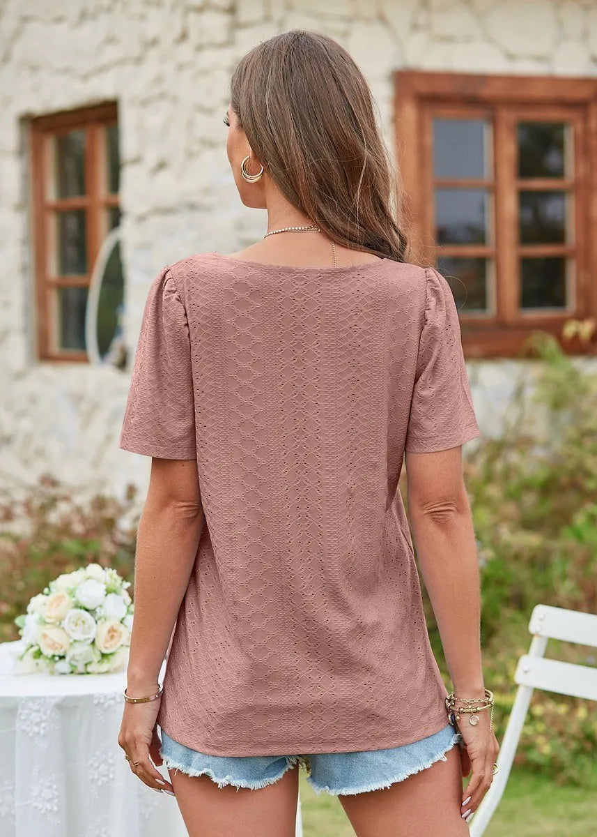 Square Collar T-shirt Hole Short Sleeve Casual Tops