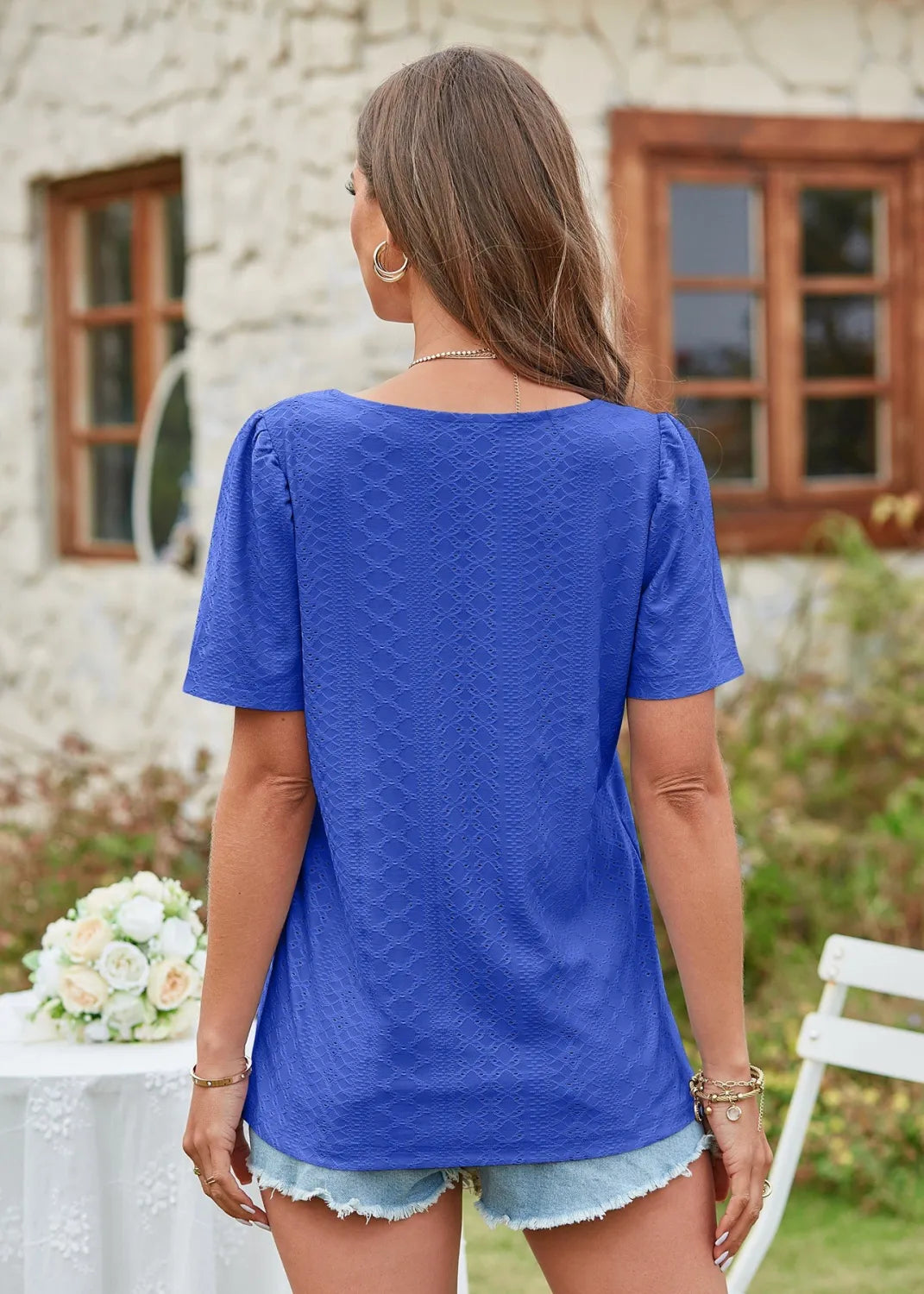 Square Collar T-shirt Hole Short Sleeve Casual Tops