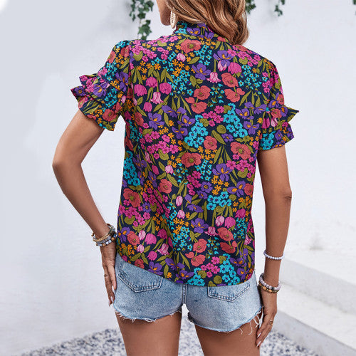 Allover Floral Print Puff Sleeve Frill Neck Blouse