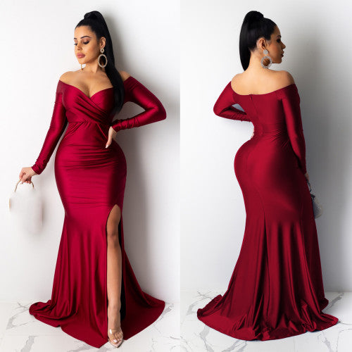 Solid Color Off Shoulder V Neck Split Evening Party Dresses