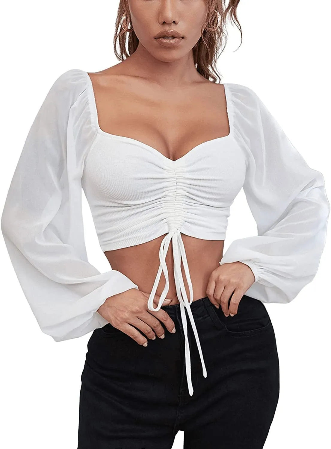 Pit Stitching Chiffon Drawstring Balloon Sleeves Fashion Crop Tops