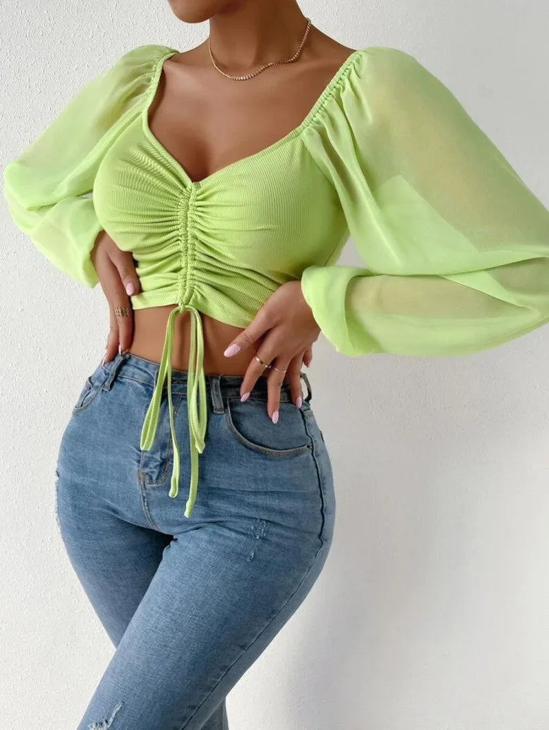 Pit Stitching Chiffon Drawstring Balloon Sleeves Fashion Crop Tops
