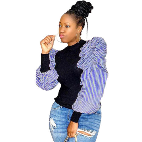 Casual Stitching Puff Sleeve Top