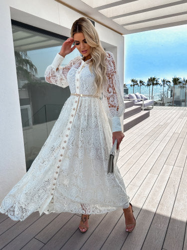 Lace Hollow Versatile Casual Lace Up Commuter INS Style Long Shirt Dress