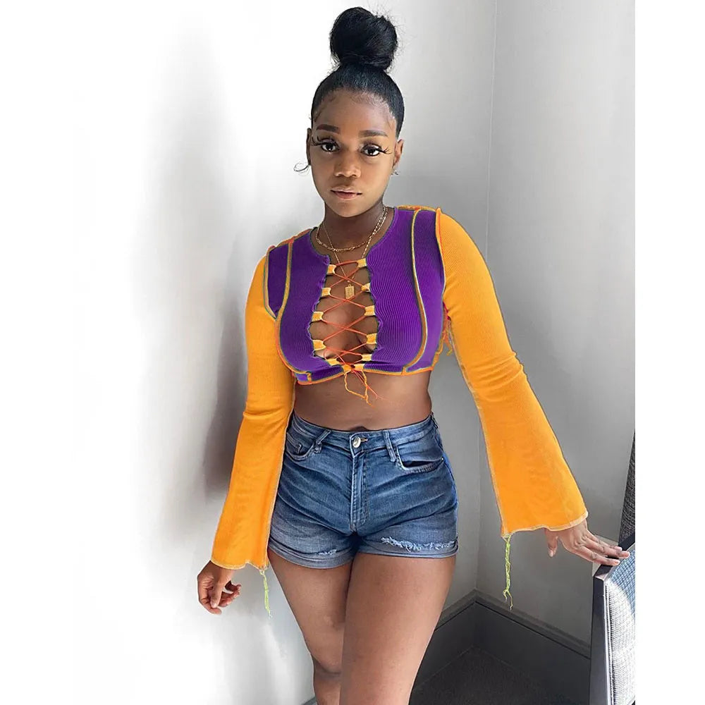 Sexy Contrast Color Stitching Pit Lace-up Crop Top