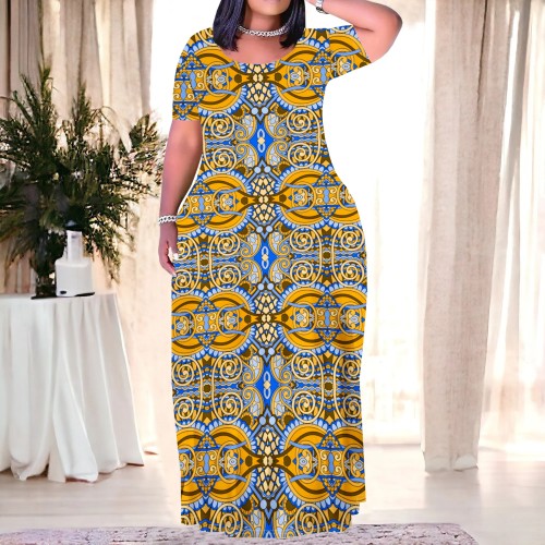 Casual Print Short Sleeve Plus Size Maxi Dresses