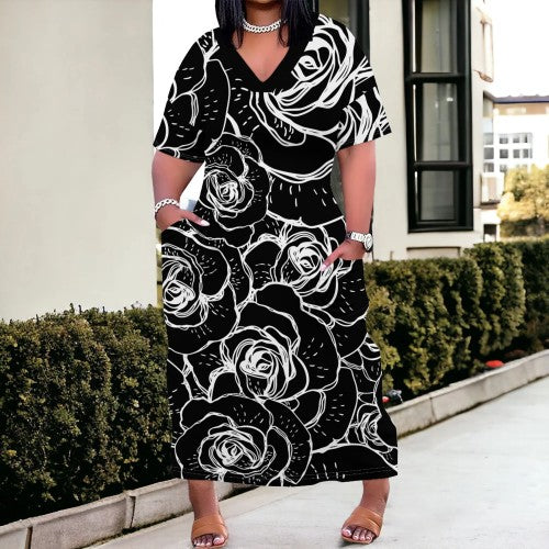Casual Print V Neck Plus Size Maxi Dress