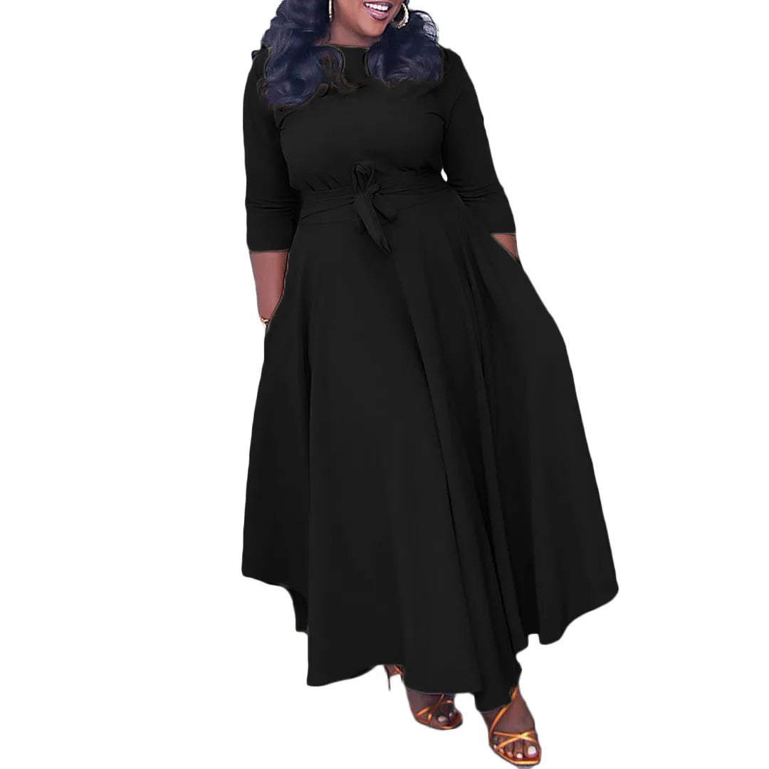 CASUAL AFRICAN ELEGANT LACE-UP LARGE SIZE LONG DRESS ROUND NECK DRESS