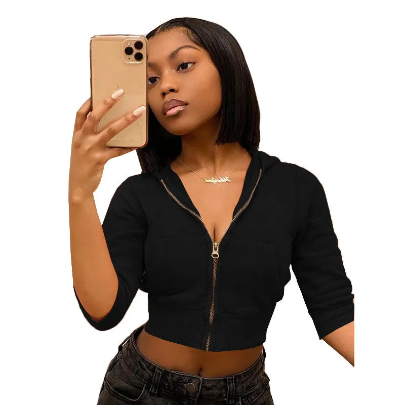 CASUAL HOODED SPORTS CROP SWEATSUIT TOP WITH 2 POCKETS
