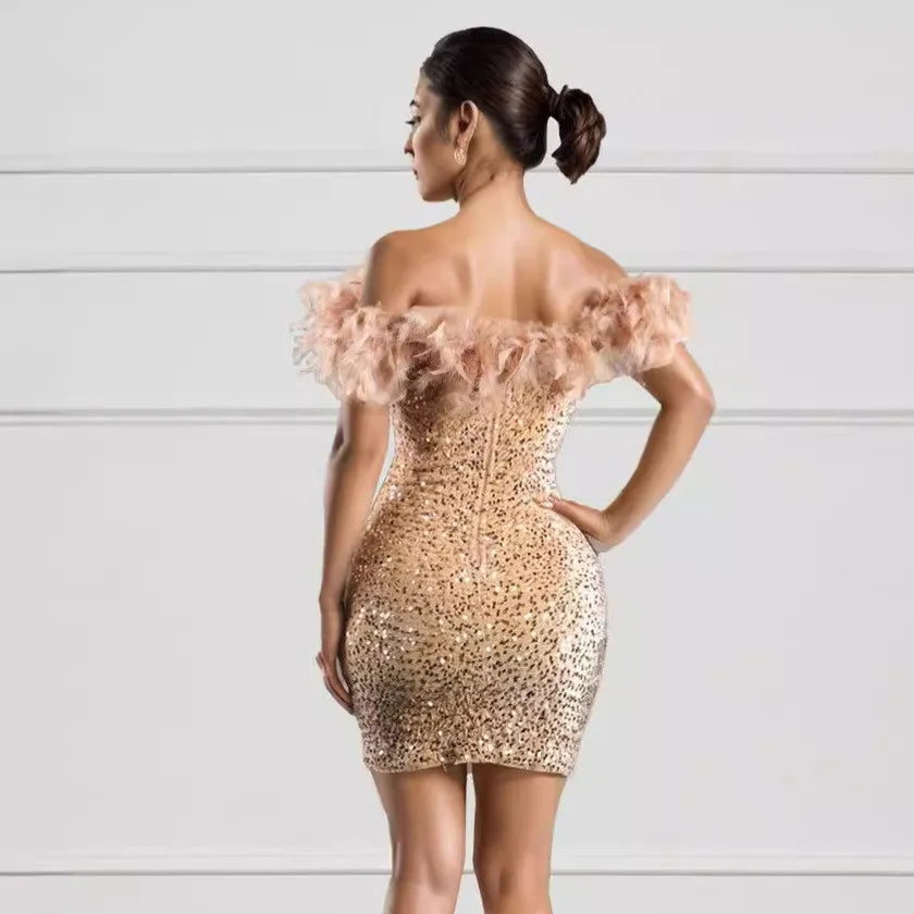 Women's Off Shoulder Fuzzy Trim Sequins Bodycon Dresses