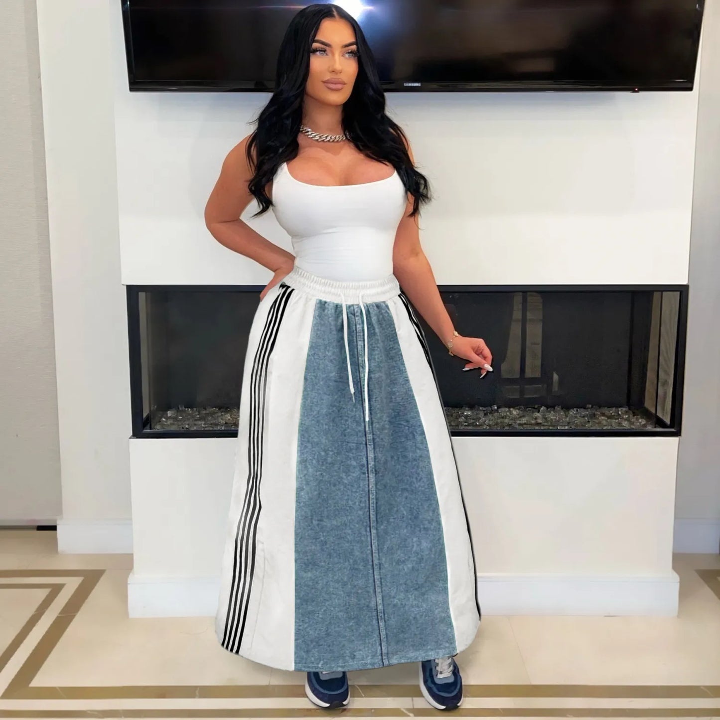 Retro Denim Patchwork Stripes A-Line Loose Skirt