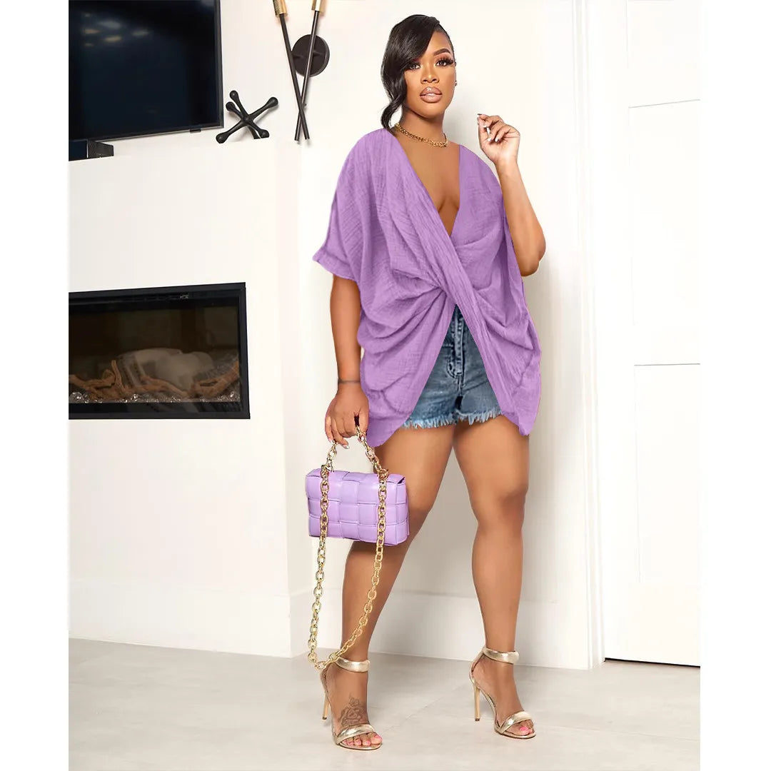 Purple Solid Loose Birdy Cotton Wrinkled Twist Front V-neck Shirt