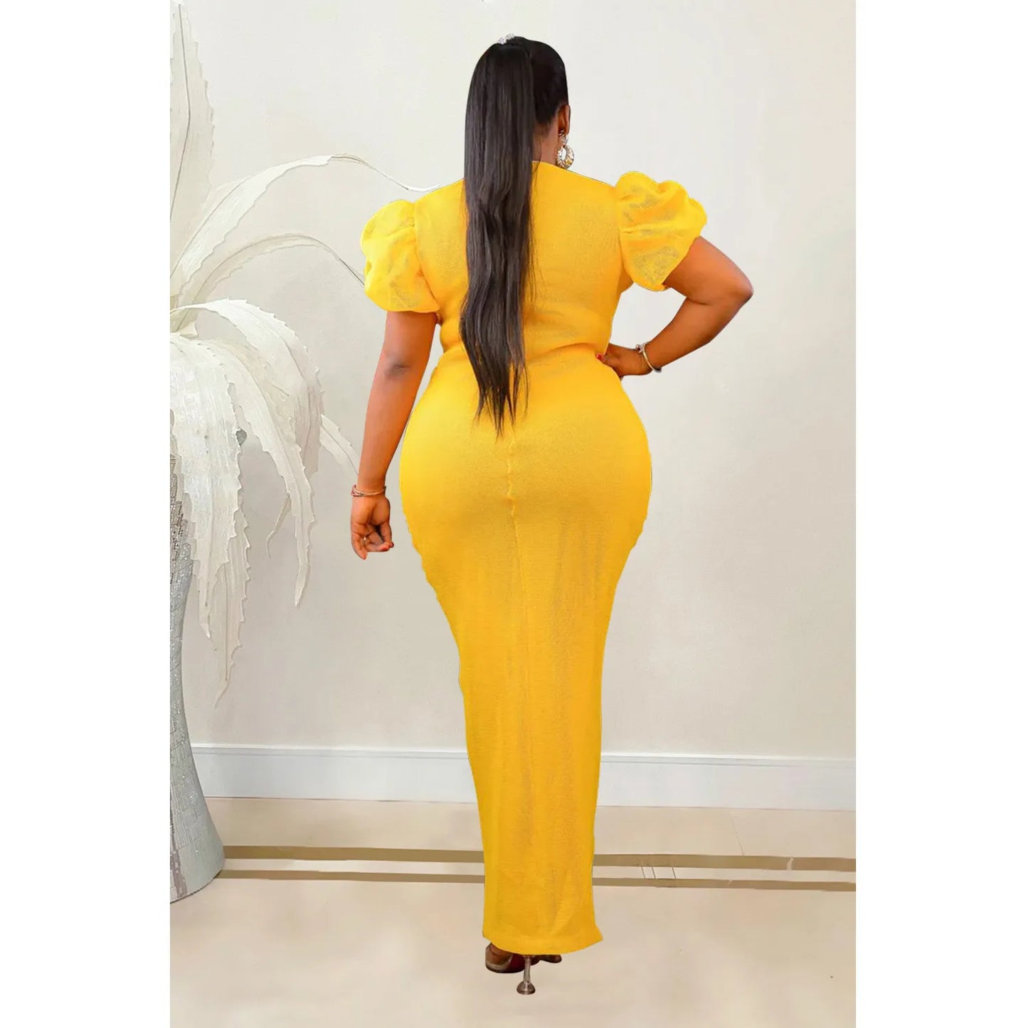 Fashion Beaded Puff Sleeve Elastic V-Neck Maxi Dress
