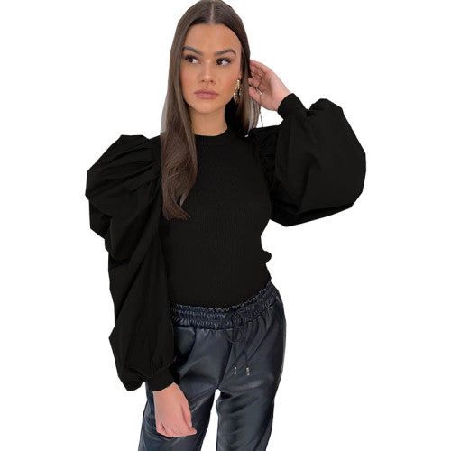 Solid Color Stitching Puff Sleeve Top