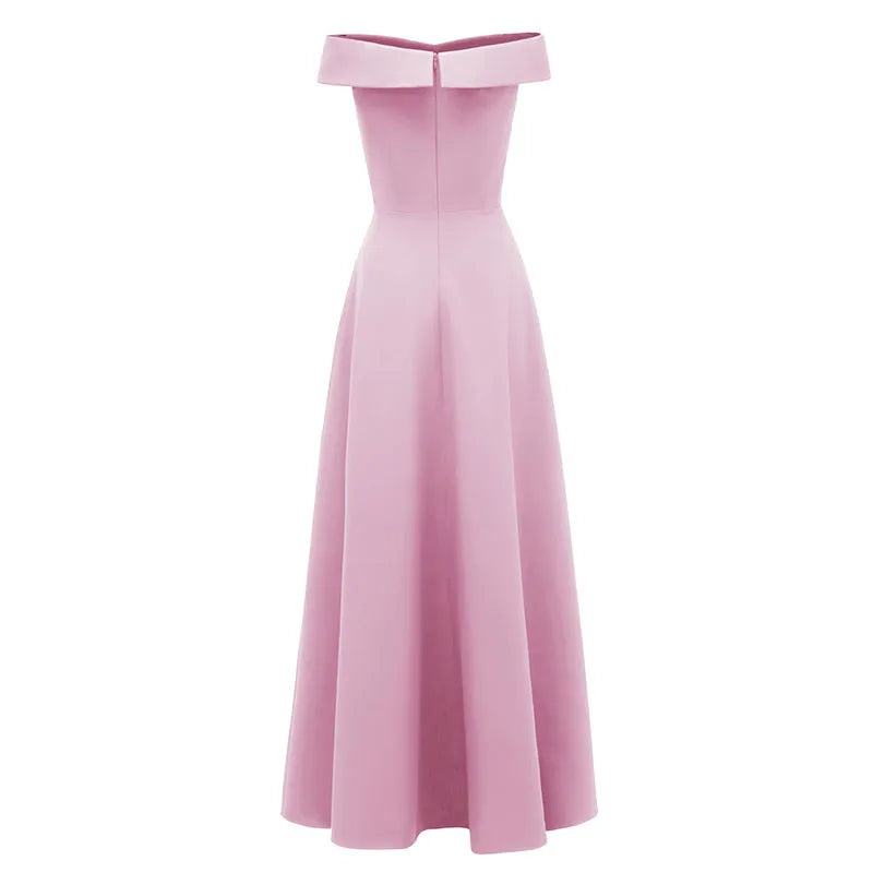 Satin V Neck Off Shoulder Maxi Bridesmaid Dress