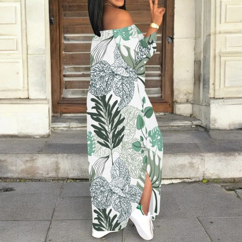 CASUAL PRINT OFF SHOULDER SLIT MAXI DRESSES