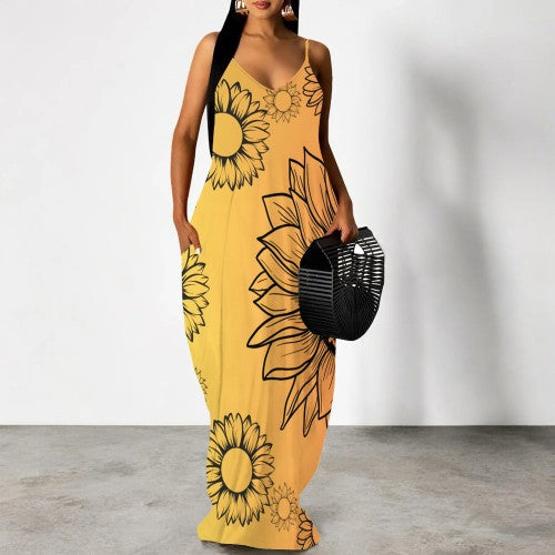 Casual Print Straps V Neck Maxi Dresses