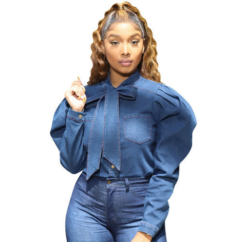 Casual Lantern Sleeve Metal Buckle Denim Top