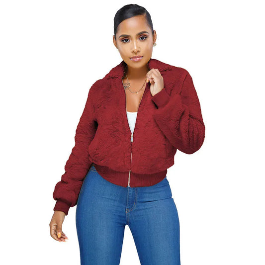 SOLID COLOR ZIP DOUBLE-SIDED FLEECE COAT