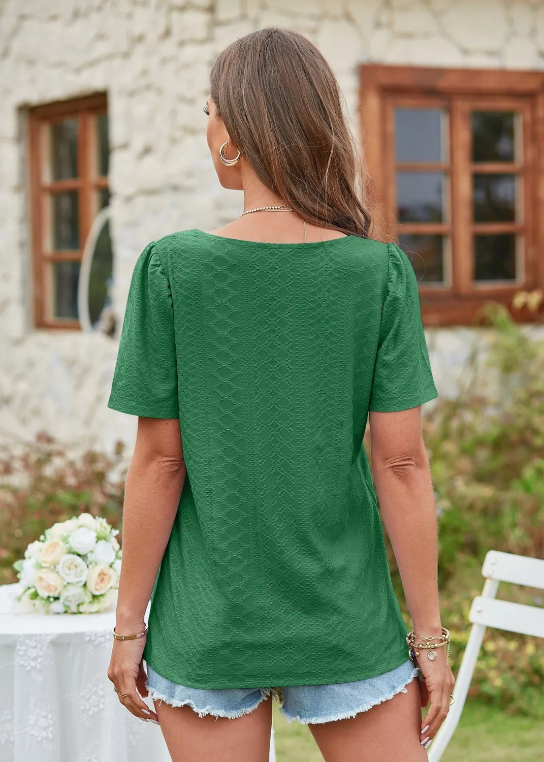 Square Collar T-shirt Hole Short Sleeve Casual Tops