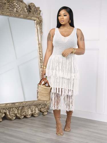 FASHION KNITTED HANDHOOK SLEEVELESS BEACH FRINGE MESH COVER UP DRESS