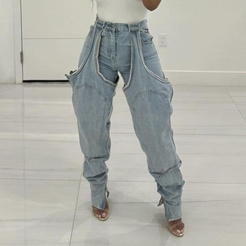 Irregular Hollow Patchwork Zipper Stretch Jeans