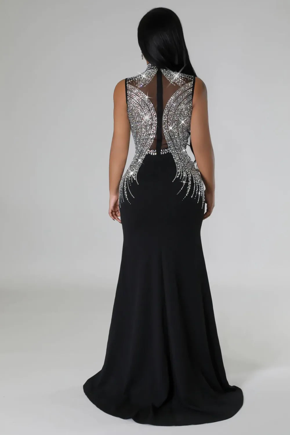 Sexy Party Elegant Formal Patchwork Slit Mesh Hot Drill Half A Turtleneck Asymmetrical Dresses